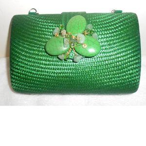 Straw Sand Clutch Flower Crossbody Handbag Bead Green Chain Purse Bag New